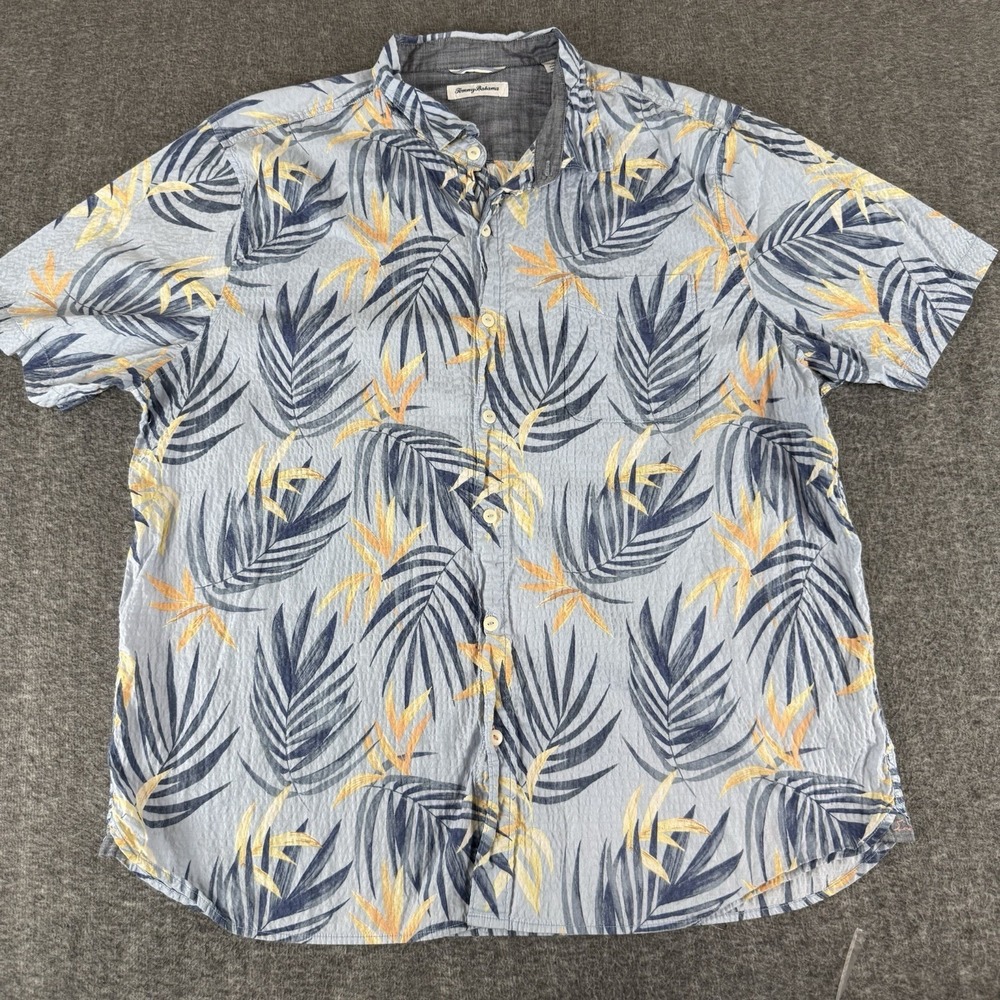 Tommy Bahama Shirt Mens XXL Blue Tropical Leaf Button Up Hawaiian